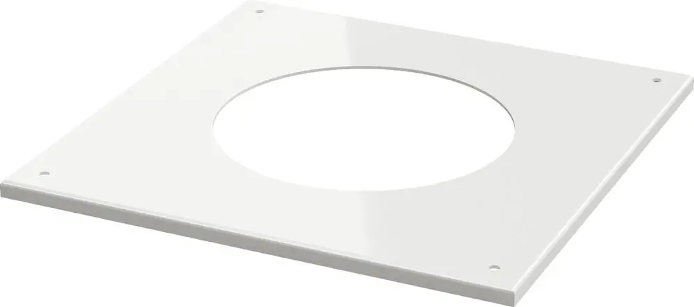 Weiße Abdeckblende mit zentralem Loch, geeignet für Abgaszubehör von Bosch, quadratische Form mit vier Befestigungslöchern in den Ecken.